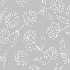 White Daisy Lg Outline Flowers, Stems and Leaves Trailing Line Floral Pattern, Light Gray Background