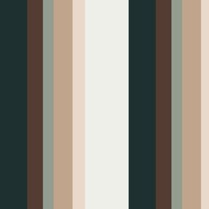 Large Simple vertical stripes in deepest green, brown, pale sage, tan, peachy cream and off white