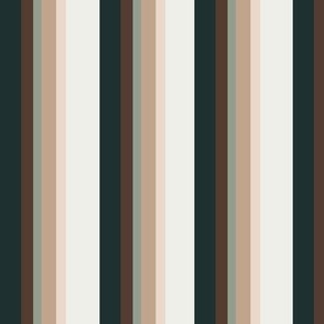 Medium  Simple vertical stripes in deepest green, brown, pale sage, tan, peachy cream and off white