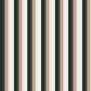 Small  Simple vertical stripes in deepest green, brown, pale sage, tan, peachy cream and off white