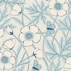 Sylvie Buttercup Floral | Azure Blue | Small -12" repeat | Arts & Crafts Style