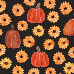 12x12-inch October – Watercolor pumpkins and sunflowers