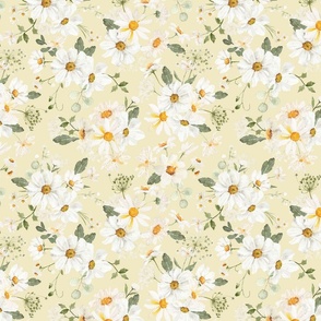 Small- Watercolor Spreading Hand Painted Cute Nursery Daisies Wildflowers Spring Meadow- soft yellow 