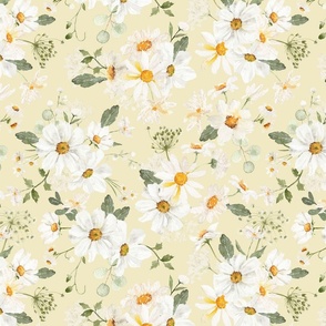 Large- Watercolor Spreading Hand Painted Cute Nursery Daisies Wildflowers Spring Meadow - soft yellow 