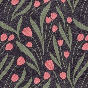 Dark botanical. Pink Scandinavian tulips kids flowers.