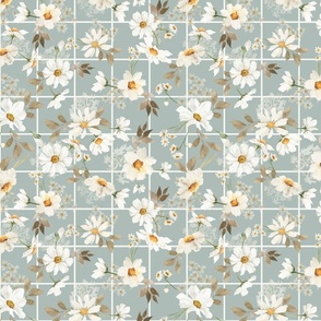 Small - Watercolor Hand Painted Cute Nursery Daisies Wildflowers Spring Meadow - Grid Squares Dove Grey Blue