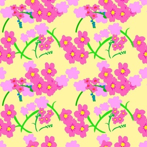 Forget Me Not Flowers Mini Silhouette Floral Garden In Hot Pink, Pastel Pink And Blue On Pale Yellow Blue Retro Modern Maximalist Mid-Century Ditzy Wallpaper Overlay Repeat Pattern