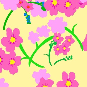 Forget Me Not Flowers Big Silhouette Floral Garden In Hot Pink, Pastel Pink And Blue On Pale Yellow Blue Retro Modern Maximalist Mid-Century Ditzy Wallpaper Overlay Repeat Pattern