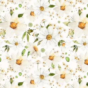 Large - Watercolor Spreading Hand Painted Cute Nursery Daisies Wildflowers Spring Meadow off white 