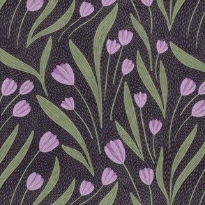 Dark botanical. Purple Scandinavian tulips kids flowers.