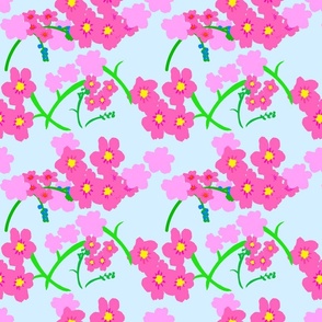 Forget Me Not Flowers Mini Silhouette Floral Garden In Hot Pink And Pastel Pink With Grass Green On Sky Baby Blue Retro Modern Maximalist Mid-Century Overlay Repeat Pattern