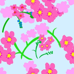 Forget Me Not Flowers Silhouette Floral Garden In Hot Pink And Pastel Pink With Grass Green On Sky Baby Blue Retro Modern Maximalist Mid-Century Overlay Repeat Pattern
