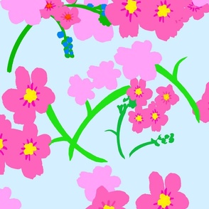 Forget Me Not Flowers Big Silhouette Floral Garden In Hot Pink And Pastel Pink With Grass Green On Sky Baby Blue Retro Modern Maximalist Mid-Century Overlay Repeat Pattern