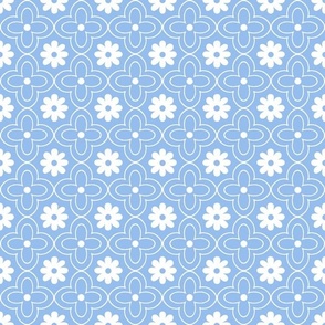 floral tile white on light ultramarine blue hand drawn flower outline geometric quatrefoil two color 2 two inch pastel blender kitchen wallpaper and home decor