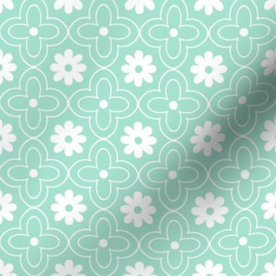 floral tile white on light aqua green hand drawn flower outline geometric quatrefoil two color 2 two inch pastel blender kitchen wallpaper and home decor