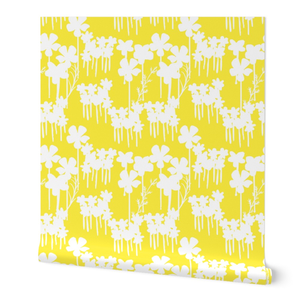 Summer Days Wildflowers Field White Flowers Silhouette On Pretty Lemon Yellow Meadow Illustrated Retro Modern Mid-Century Scandi Swiss Floral Field Ditzy Pattern