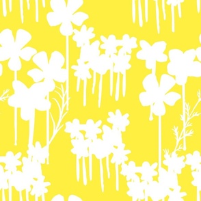 Summer Days Wildflowers Field White Flowers Silhouette On Pretty Lemon Yellow Meadow Illustrated Retro Modern Mid-Century Scandi Swiss Floral Field Ditzy Pattern