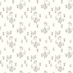 Hand drawn Wild Horses Sketch with Flowers - Taupe on Cream White_Micro