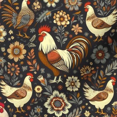 Folk Art Chickens Blue And Gold