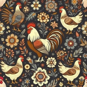 Folk Art Chickens Blue And Gold