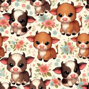 Baby Cows Cute Floral