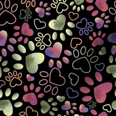 Heart Paw Prints in Watercolor splash and black background