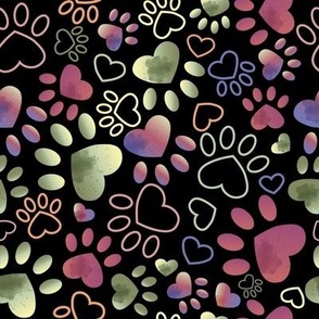 Heart Paw Prints in Watercolor splash and black background