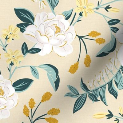 BellaRosa - Vintage White Rose Floral Pale Yellow Regular