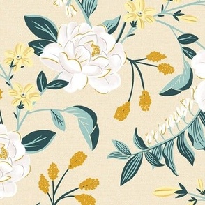 BellaRosa - Vintage White Rose Floral Pale Yellow Regular