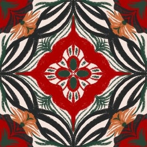 Vintage Botanical Noir: Beige Floral Geometric Tile, Medium