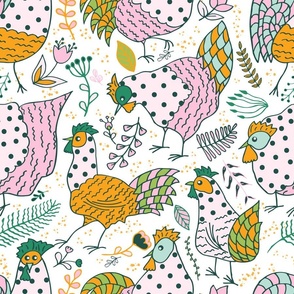 Chickens in farm - hens - pink orange green - spring fabric, summer fabric