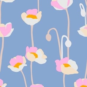 Small - Poppies - pink and orange on medium blue - simple floral - happy bold and bright - spring summer - upholstery wallpaper