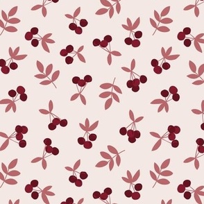 Little Boho Cherry garden - Summer Cherries design burgundy rose pink on ivory   