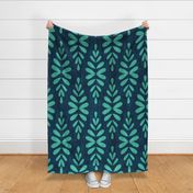 Scandi leaves in aqua on textured navy blue background