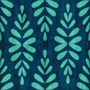 Scandi leaves in aqua on textured navy blue background