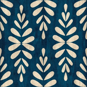 Scandi leaves in white on textured navy blue background