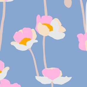 Large - Poppies - pink and orange on medium blue - simple floral - happy bold and bright - spring summer - upholstery wallpaper