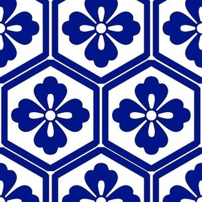 Indigo Blue Antique Japanese Inspired Hexagon Geometric Pattern by Sewell Graphic Arts