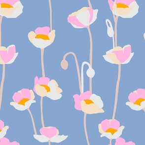 Medium - Poppies - pink and orange on medium blue - simple floral - happy bold and bright - spring summer - upholstery wallpaper