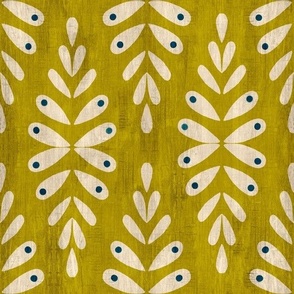 Scandi leaves in white with navy dots on textured olive background