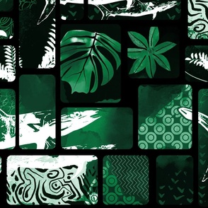Tropical Fusion dark green black and white blockprint. Hawaiian Style - large scale