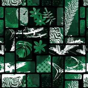 Tropical Fusion dark green black and white blockprint. Hawaiian Style - medium scale