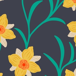 Yellow Daffodil Flower: Blooming Floral Vines on a charcoal grey background (large)