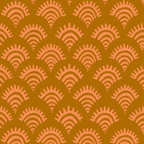 art deco handpainted scallops / orange on brown / 12"