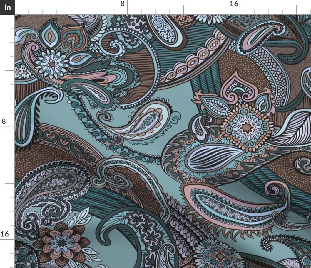 Psychedelic Paisley Fusion Retro in Vibrant teal, pink and brown