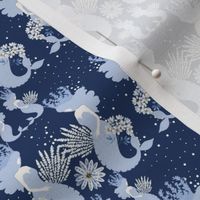 Twin Mermaids-02, Med, Flower Crown, Sea Grass, Bubbles, White and Cream Floral, Light Blue and Navy, Mermaid Collection-22