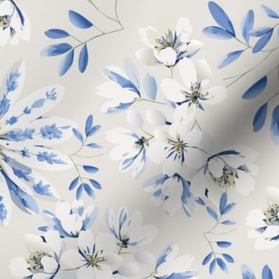Daisies and Branches-01, White, Light Blue on Cream, Flowers, Large, Mermaid Collection-24