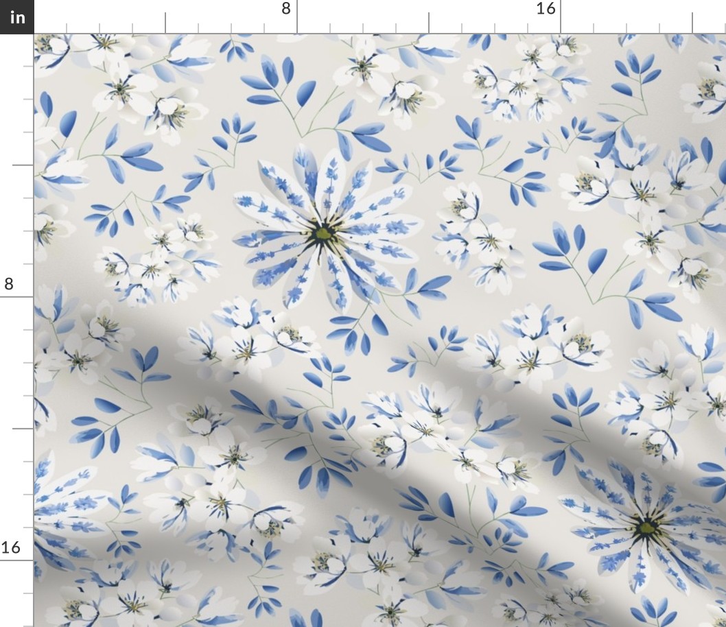 Daisies and Branches-01, White, Light Blue on Cream, Flowers, Large, Mermaid Collection-24