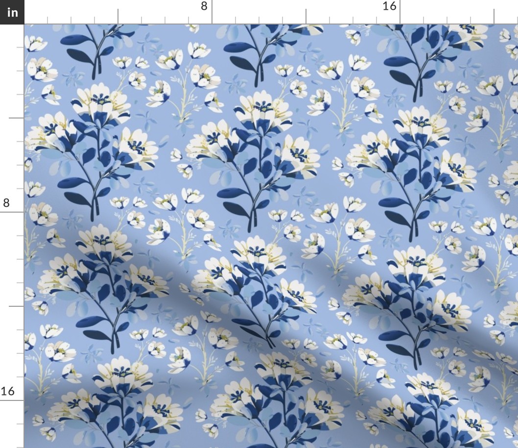 Sara’s Flowers-02, Large, Cream and White Florals,  Navy on Light blue, Mermaid Collection-34