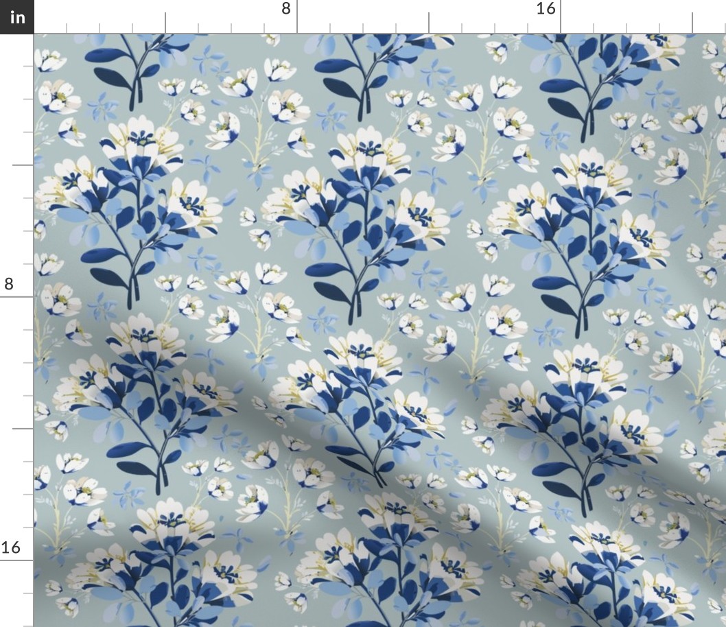 Sara’s Flowers-03, Cream and White Florals, Light blue and Navy on Sage Green, Mermaid Collection-59